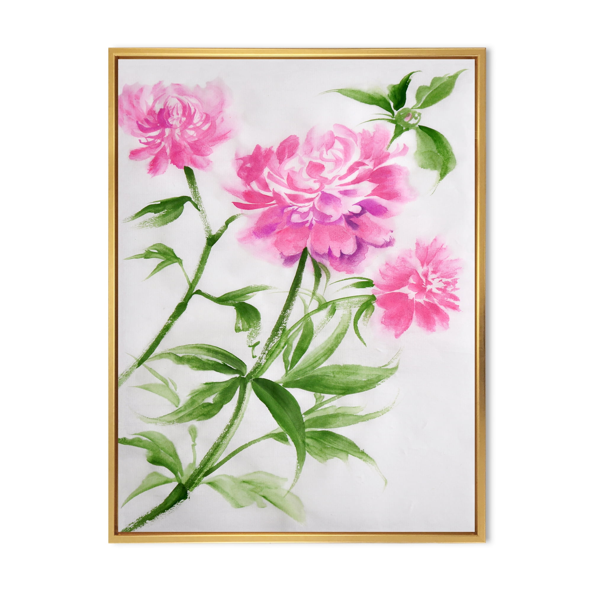 Purple Peonies With Green Bush II 12 in x 20 in Framed Painting Canvas Art Print, by Designart