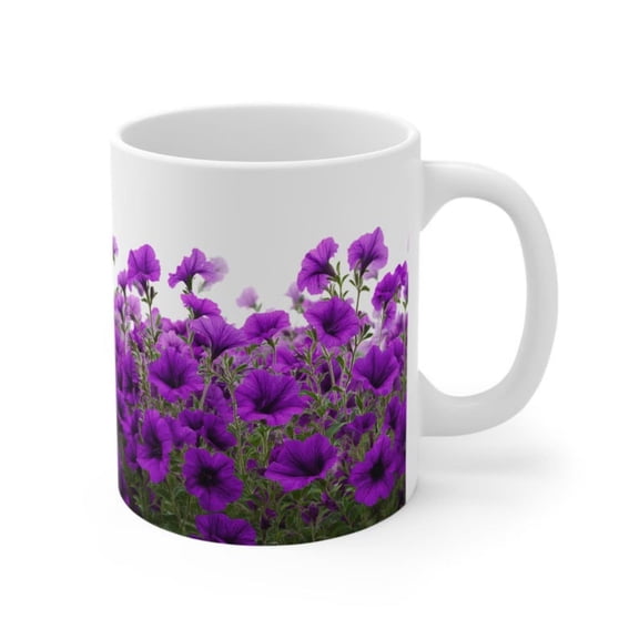 Purple Petunias Field Mug oz Floral Ceramic Coffee Cup.