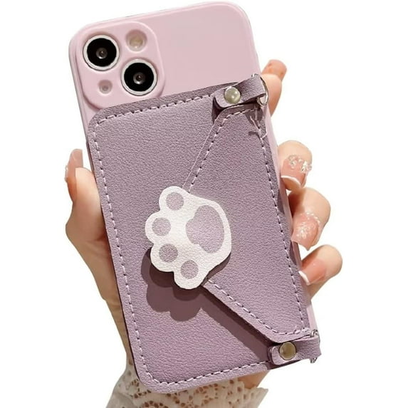 Purple Phone Case with Cute Cat Paw Card Holder & Adjustable Shoulder Strap, Shockproof Soft Case for iPhone 11 Pro