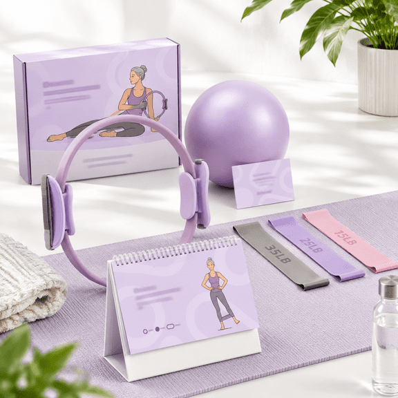 Purple Pilates Fitness Circle Home Workout Set with Anti-Burst Ball, Resistance Bands, and Guided Calendar