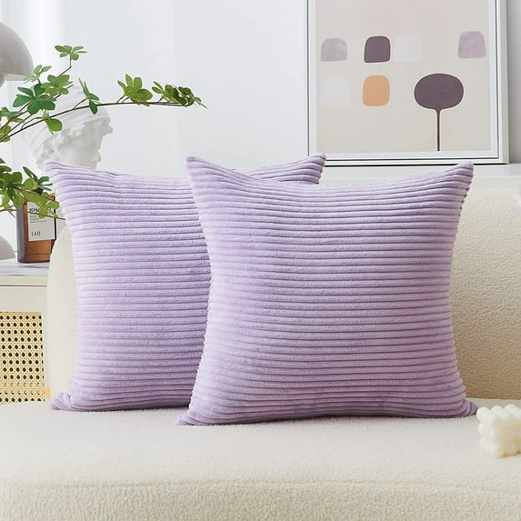 Purple Pillow Cover Set Solid Supersoft 2 Pieces Corduroy Handmade Decorative Velvet Throw Pillows for Bed, 50cm, 20 x 20 Inch, Lavender