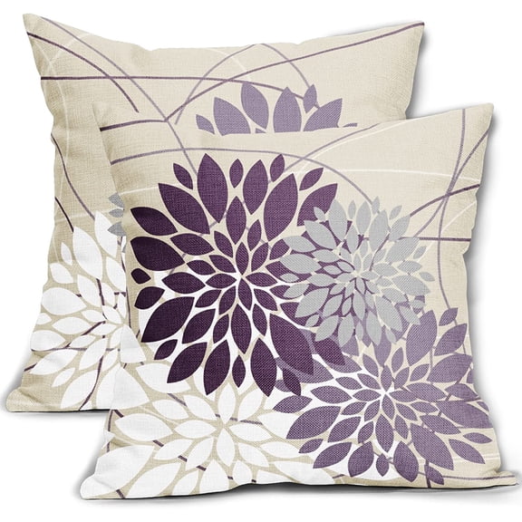 Purple Pillow Covers 18x18 Inch Dahlia Flower Light Purple Gray Elegant Colored Pillow Case Farmhouse Outdoor Decor for Home Bedroom Living Room Modern Floral Linen Square Cushion Cover, Set of 2