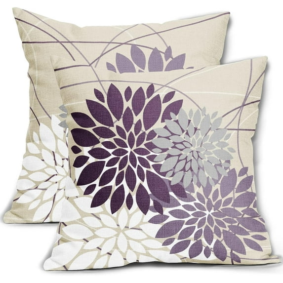 Purple Pillow Covers 18x18 Inch Dahlia Flower Light Purple Gray Elegant Colored Pillow Case Farmhouse Outdoor Decor for Home Bedroom Living Room Modern Floral Linen Square Cushion Cover, Set of 2