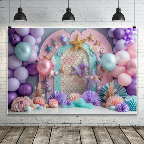 Purple Pink Balloons Mermaid Backdrop Starfish Shell Colored Fish Scale Decoration Birthday Party Photography Background Children Baby Shower Newborn Portrait Shoot Photo Video Prop