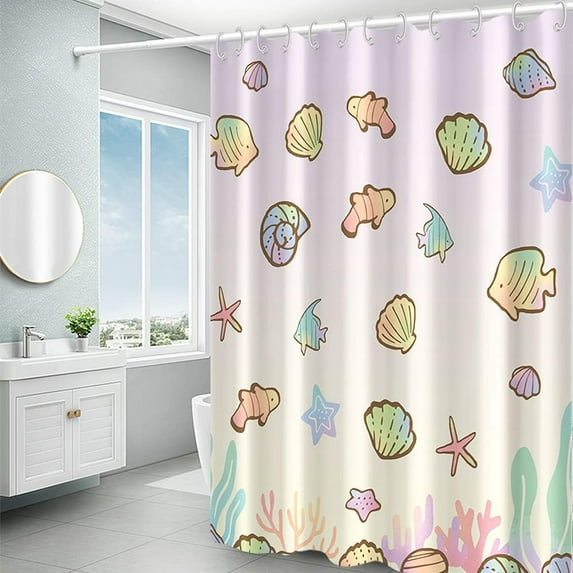 Purple Pink Beach Fabric Shower Curtain for Bathroom Decor Cute Cartoon Fishes Sea Shells Starfish Seaweed Waterproof Cloth Shower Curtains with Hooks Home Bath Decoration 72x72 inches