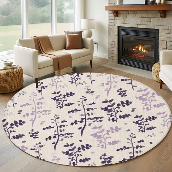 Purple Pink Botanical 6ft Round Rugs, Rustic Country Spring Floral Summer Leaf Non-Slip Area Rugs for Living Room Bedroom Kitchen, Low Pile Dining Room Kicthen Circle Carpet, Indoor Floor Rug