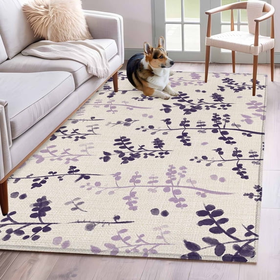 Purple Pink Botanical Area Rugs 2.7'x5', Small Throw Rugs for Kitchen Bedroom, Rustic Country Spring Floral Summer Leaf Indoor Outdoor Rug Non-Slip Low Pile Carpet Runner Reversible Floor Mats