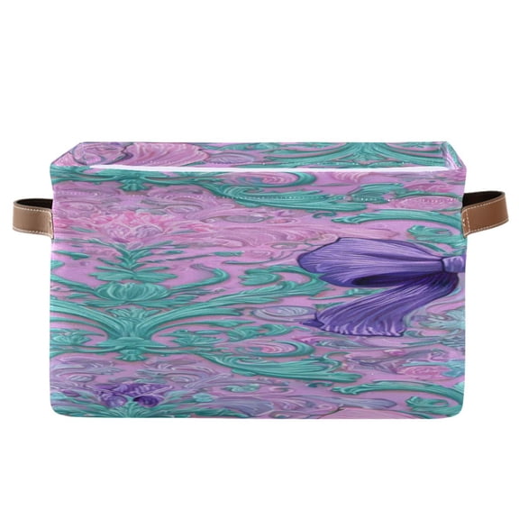Purple Pink Bows Turquoise Flower Pattern Square Storage Bins with Handles Collapsible Containing Box 1 Pack
