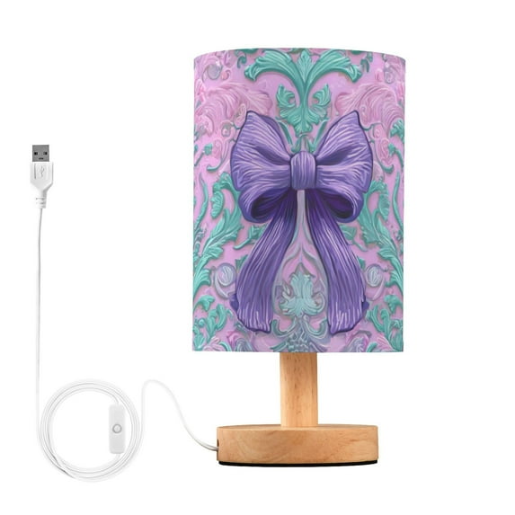 Purple Pink Bows Turquoise Flower Pattern Table Lamp with USB Port LED Warm Light Lamp Night Light Home Decor