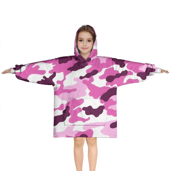 Purple Pink Camo Classic Shapes Pattern Blanket Hoodies for Kids 6-13YR Oversize Wearable Blanket Hoodies for Boys Girls Teens
