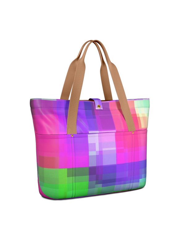 Purple and Pink Checkered Pattern Large Tote Bag for Women, Polyester Roomy Beach Bag with Pockets and Zipper, Water Resistant Gifts Ideas for Women Men