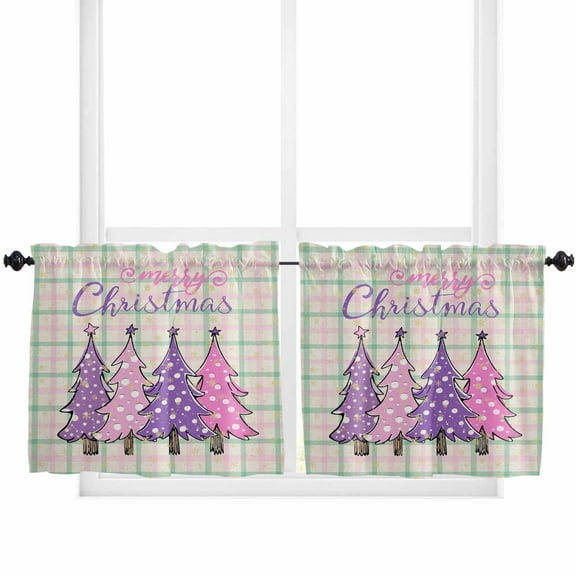Purple Pink Christmas Tree Kitchen Curtain 2 Panels Tiers Curtains 36 Inch Length, Xmas Snowflake Plaid Rustic Curtains Rod Pocket Curtains Window Drapes Treatment Window Cafe Curtains