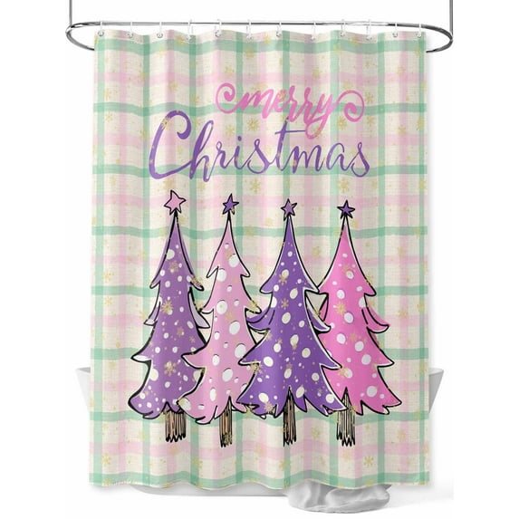 Purple Pink Christmas Tree Shower Curtain Set, Waterproof Shower Curtains for Bathroom, Xmas Snowflake Plaid Rustic Washable Fabric Cloth Bath Curtain for Bathtub Decoration with Hooks 48x72 Inches