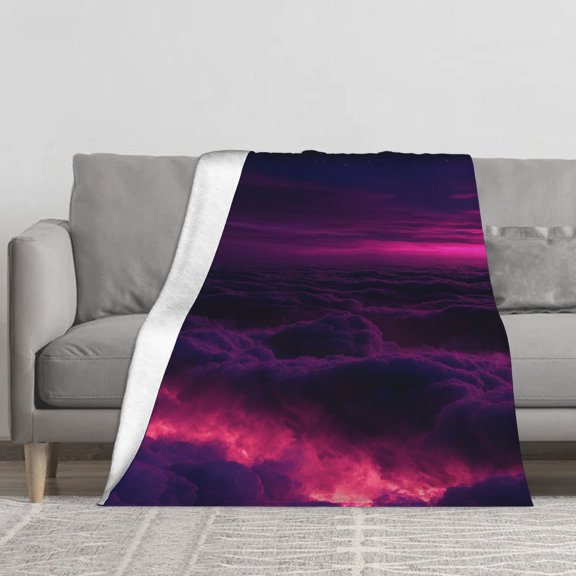 Purple Pink Cloud Ocean Night Sky Fleece Throw Blanket, Soft Warm Dreamy Starry Above‑the‑cloud Magenta Sky Print Blanket