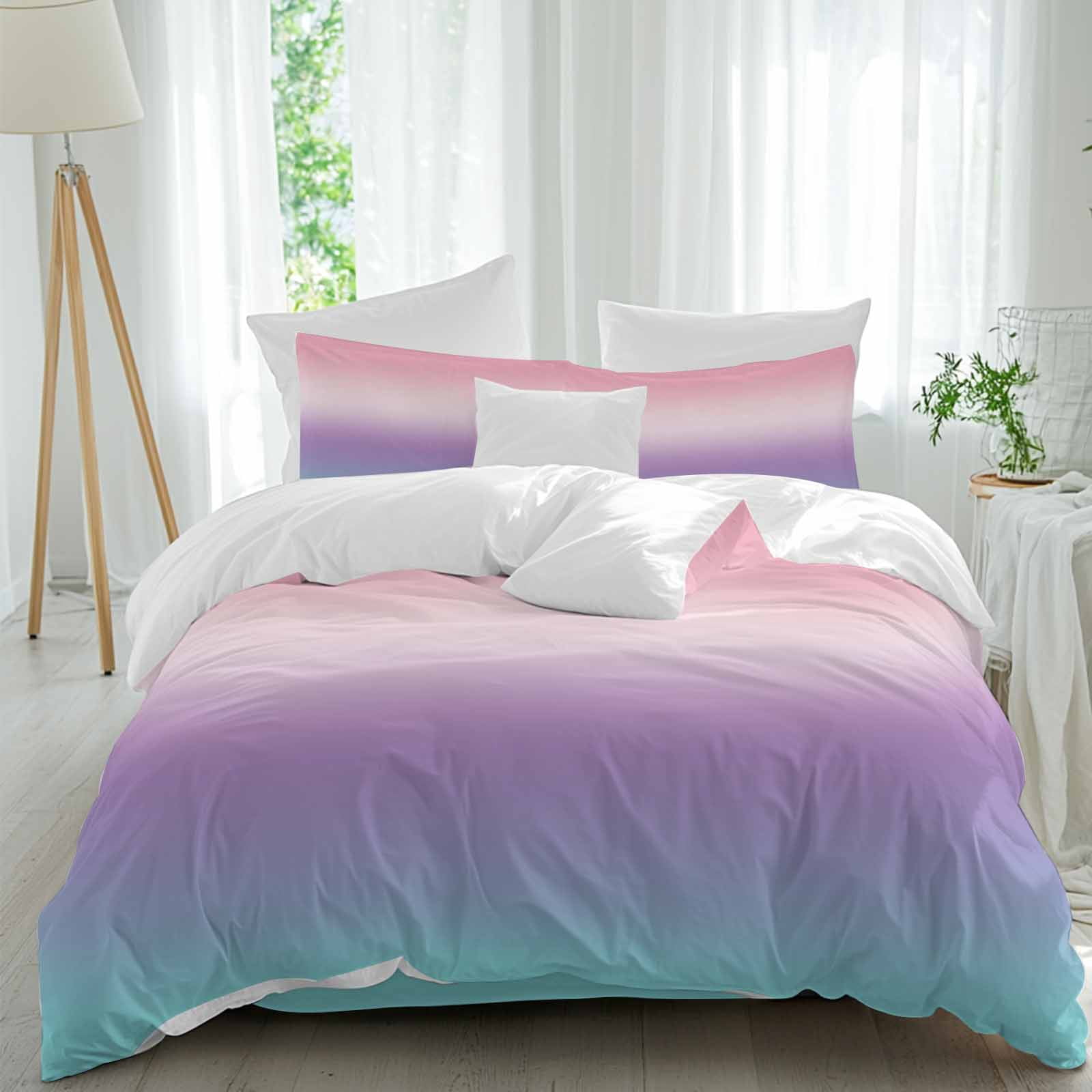 Purple Pink Duvet Cover Set King Size, Teal Gradient 4 Piece Soft Microfiber Bedding Set with 1 Duvet Cover, 1 Flat Sheet, 2 Pillowcases