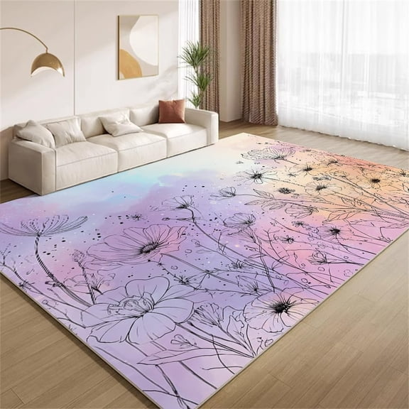 Purple Pink Floral Area Rugs, Watercolor Wildflower Pattern Carpet, Washable Non Slip Low Pile Soft Rug for Living Room Bedroom Decor Mat 2ftx3ft