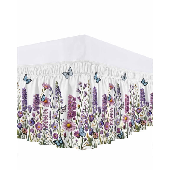 Purple Pink Floral Bed Skirt California King Size 16 Inch Drop, Spring Lavender Wildflowers Blue Butterfly Botanical Adjustable Elastic Dust Ruffles Bedskirt Wrap Around Pleated Mattress Frame Cover
