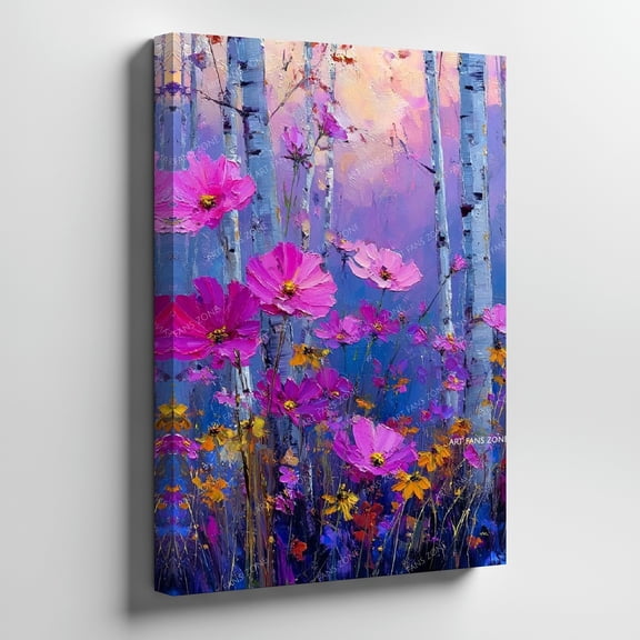 Purple Pink Floral Birch Tree Wall Art Print, Spring Decor