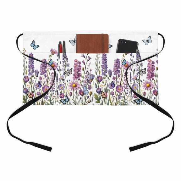 Purple Pink Floral Kitchen Restaurant Half Waist Apron, Spring Lavender Wildflowers Blue Butterfly Botanical Server Short Apron with 3 Pockets Waterproof Oil Waist Aprons for Women Waitress Waiter