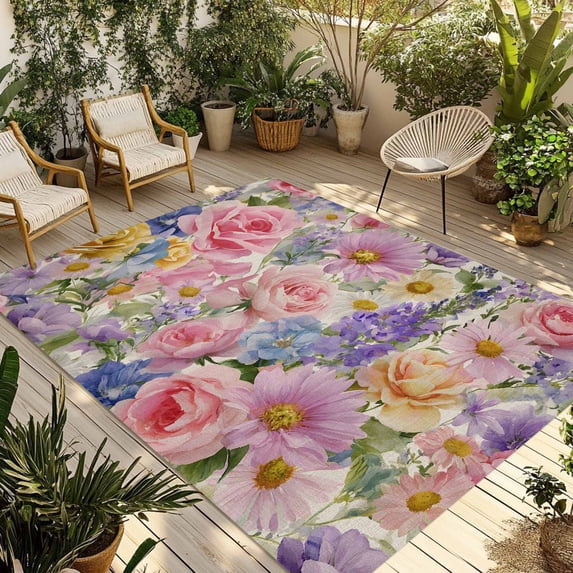 Purple Pink Floral Outdoor Rug for Patio/Deck/Porch, Non-Slip Large Area Rug 6 x 9 Ft, Spring Farmhouse Country Vintage Flower Indoor Outdoor Rugs Washable Area Rugs, Camping Rug Carpet Runner