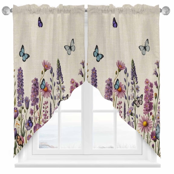 Purple Pink Floral Swag Kitchen Curtain Valances, Spring Lavender WildFlower Blue Butterfly Botanical Rod Pocket Curtains Window Treatment Decor Valances for Bedroom Bathroom, 2 Panels 28 x 36 Inch
