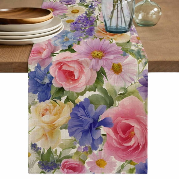 Purple Pink Floral Table Runner 72 Inches, Spring Farmhouse Country Vintage Flower Bed Runner Dresser Scarves Tabletop for Indoor Outdoor Parties/Ceremony/Banquet, 16" x 72"