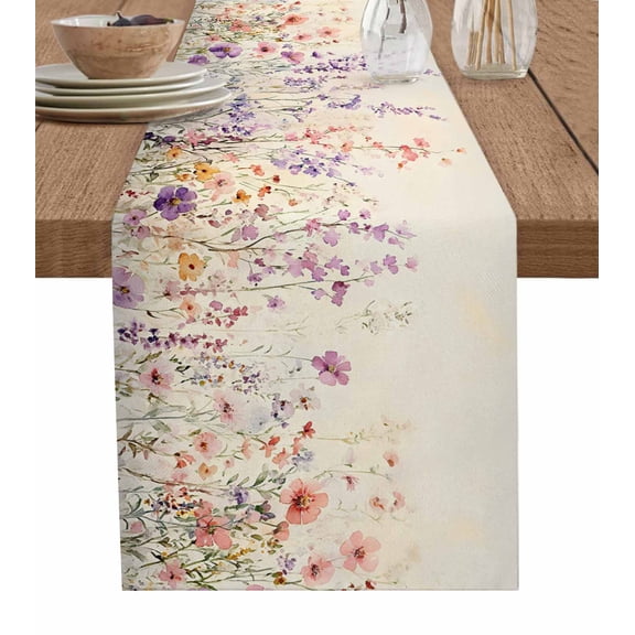 Purple Pink Floral Table Runner Cotton Linen 36 Inch Holiday Dresser Scarves, Spring Flowers Farmhouse Tablerunner for Kitchen Coffee Dining Bedroom Home Living Room Dinner Scarf Décor 13''x36''