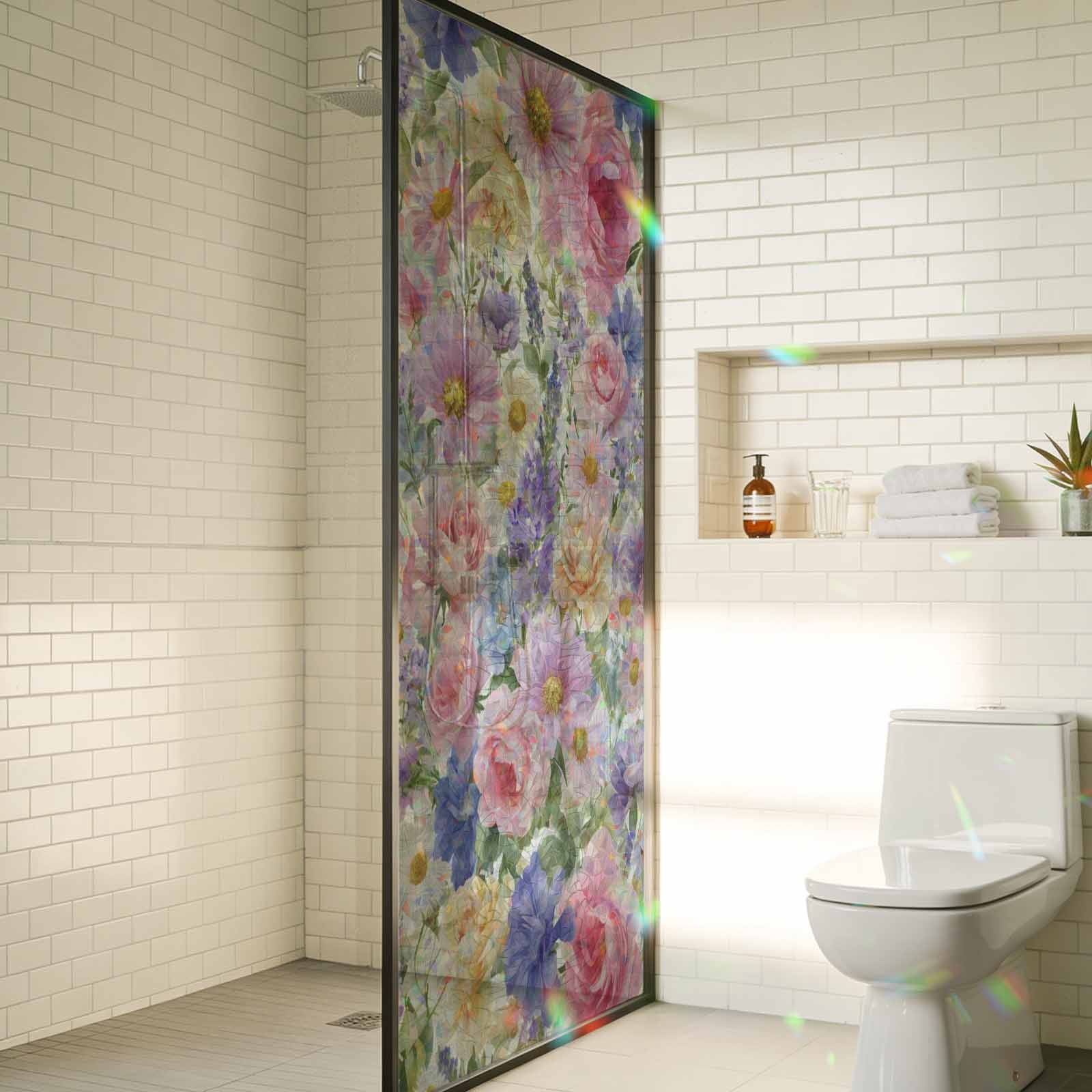 Spr Sticker Purple Pink Floral Window Privacy Film Rainbow Static Cling Stain Glass ...