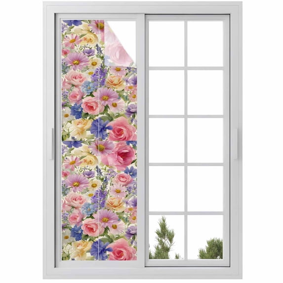 Purple Pink Floral Window Privacy Film, Spring Farmhouse Country Vintage Flower Static Cling UV Sun Blocking Heat Control Window Tint Day and Night, Non-Adhesive One Way Privacy Cover 17.7''x78.7''