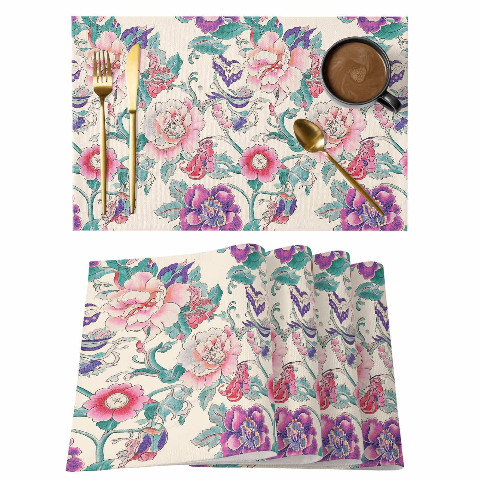 Purple Pink Flower Vintage Placemats Set of 1, Green Leaf Country Plant ...