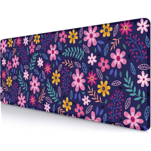 Purple Pink Flowers Desk Mat, Daisy Floral Extended Large Gaming Mouse Pad, Non Slip Rubber Base Stitched Edge Desktop Desk Pad for Computer, Christmas and Thanksgiving Gifts, 31.5 x 11.8 in