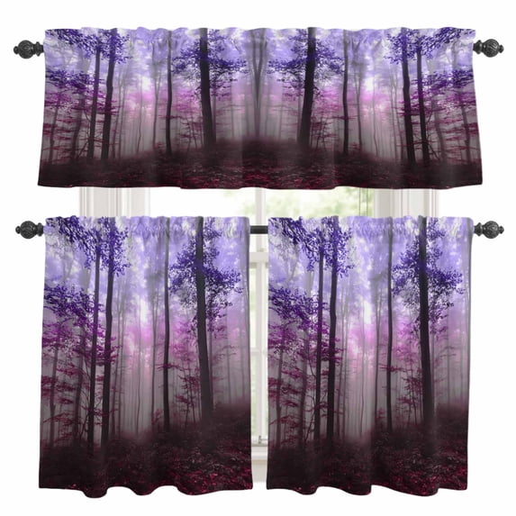 Purple Pink Forest Kitchen Curtains Sets for Windows 24 Inch Length, Vintage Foggy Woods Tree Rod Pocket Window Treatments Tier Curtains and Valances Set for Bedroom/Bathroom