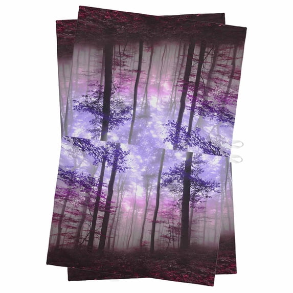 Purple Pink Forest Kitchen Towels Set of 2, Water Absorbent Dish Towel, Vintage Foggy Woods Tree Decorative Hand Towels - Quick Drying Cloth for Cooking Baking, 18x28 Inch