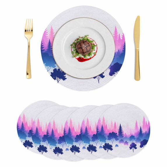 Purple Pink Forest Round 15 Inch Placemats Set of 6, Ombre Tree Abstract Art HeatResistant Non Slip Place Mats for Dining Table, Wipeable Braided Kitchen Table Mats for Housewarming