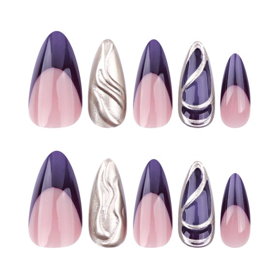 Purple Pink French Ombre Press on Nails with Silver 3D Wave Patterns, Medium Almond Glossy False Nails, 24 Count
