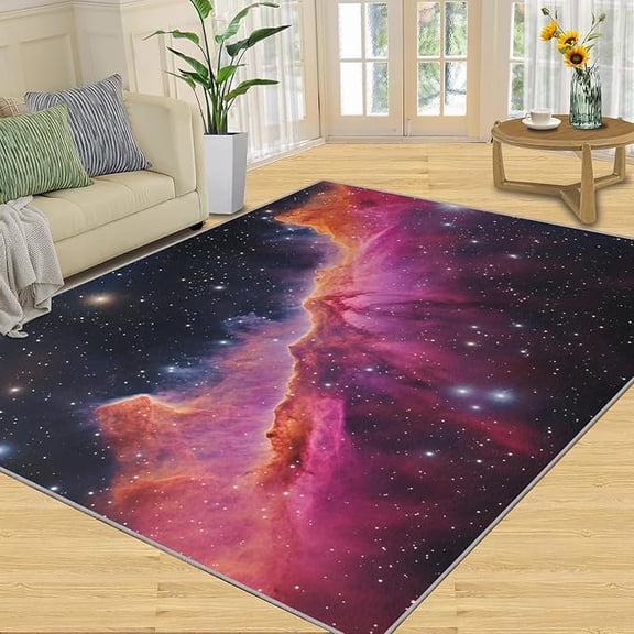 Purple Pink Galactic Cloud Area Rug, Fantasy Space Theme Rugs for Bedroom Starry Night Universe Rug, Washable Non Slip Indoor Floor Carpet & Home Decor 3 x 5ft