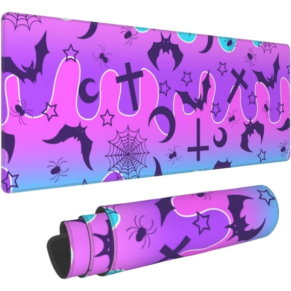 Purple Pink Goth Cute Bat Neon XXL XL Large Gaming Mouse Pad for Desk, Non-Slip Long Extended Keyboard Pads Mousepad Rubber Table Mat 31.5 X 11.8 Inch