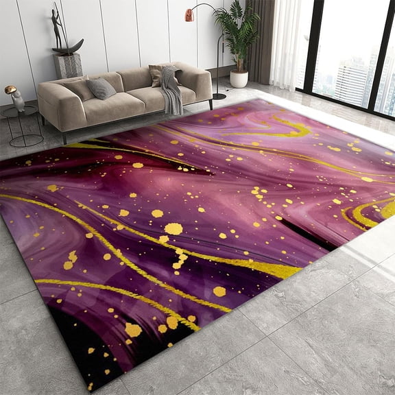 Purple-Pink Gradient Marble Abstract Area Rug,Light Luxury Geometric Gold Foil Stripes Spots Art Area Rug,Soft Non-Slip,Apply To Living Room Bedroom Kitchen Home Decor 5x7ft
