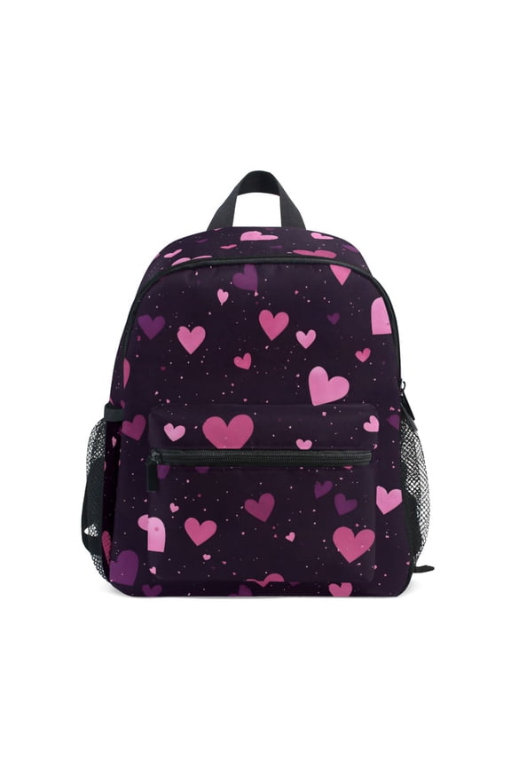 Purple Pink Hearts Pattern Mini Backpack Cute Small Backpack with Chest Strap and Whistle Ages 3-8