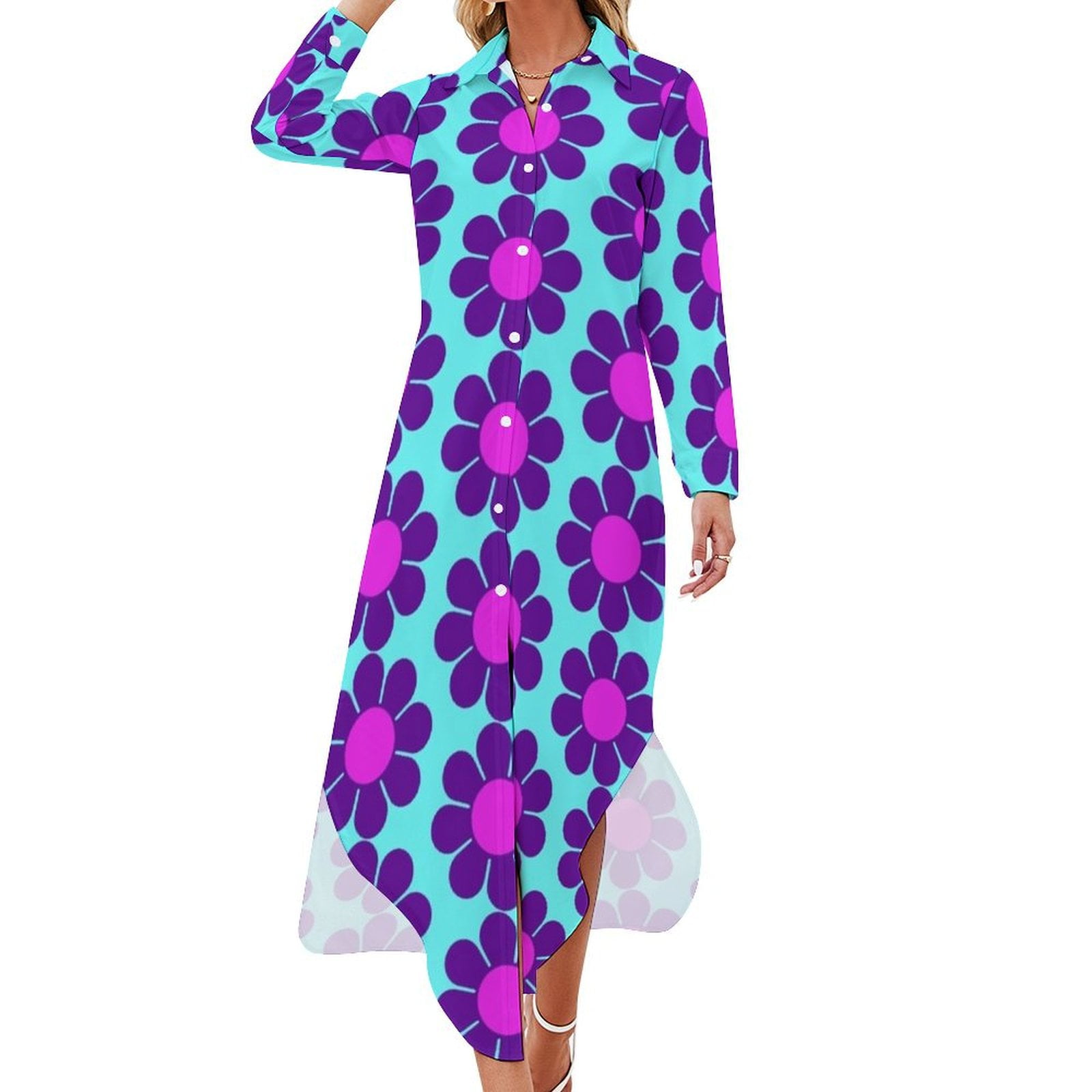 Purple Pink Hippy Flower Daisy Long Sleeved Shirt Dress wedding guest