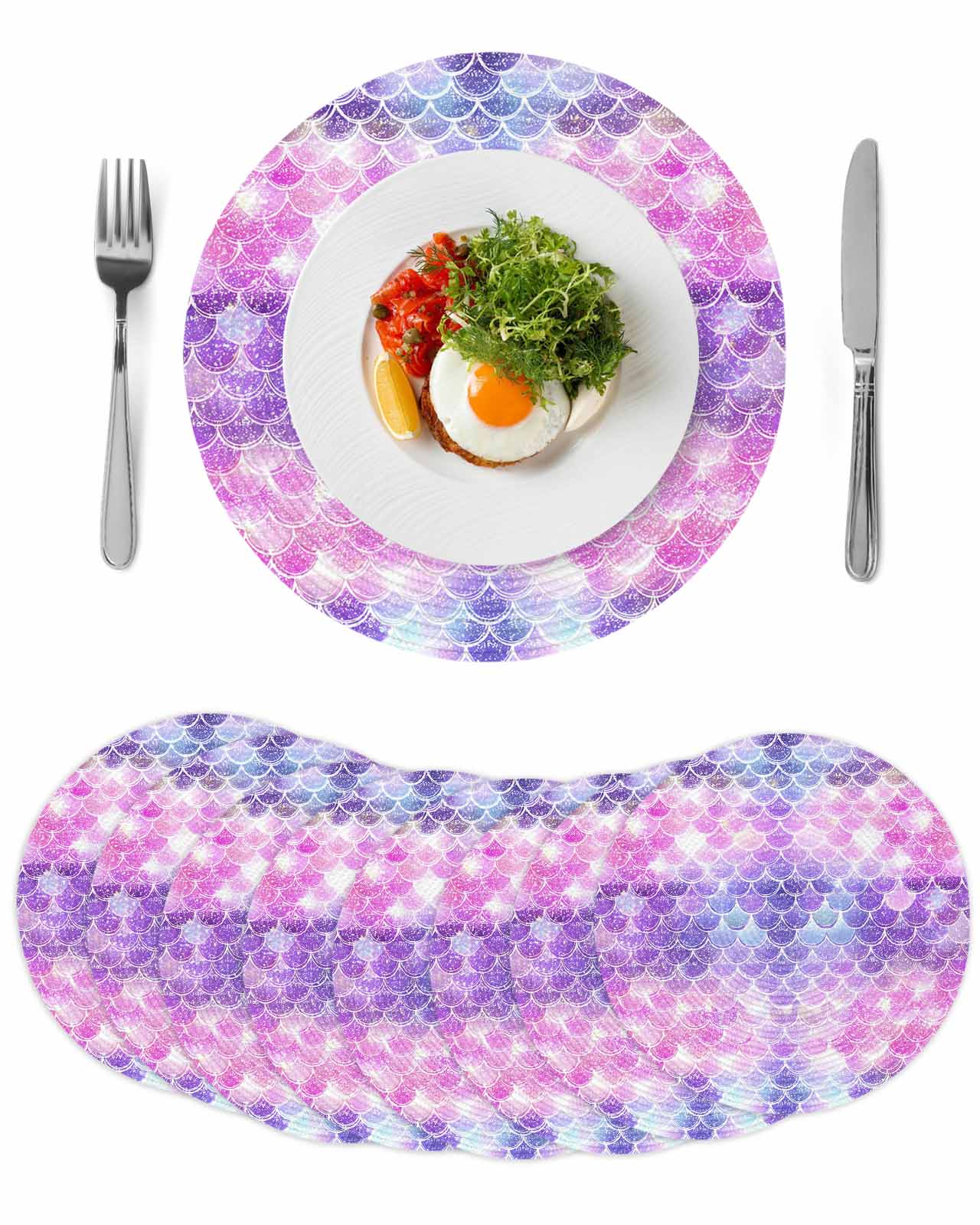 Scale Mat Runcing Purple Pink Mermaid Scales Round Table Placemats set of 8, Gradual Fish ...