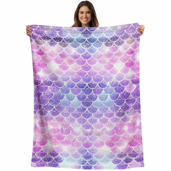 Purple Pink Mermaid Scales Throw Blankets, Gradual Fish Scale Pattern Soft Fleece Blanket Decorative for Home Sofa Couch Chair Living Bedroom, 50x60 inches,