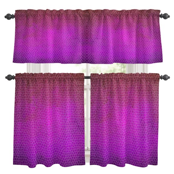Purple Pink Mosaic Kitchen Curtains and Valances Set, Minimalist Abstract Hexagonal Grid Gradient Rod Pocket Window Valance Window Curtain Panels for Living Room Bedroom Laundry, 27.5x24in, 3 Pieces