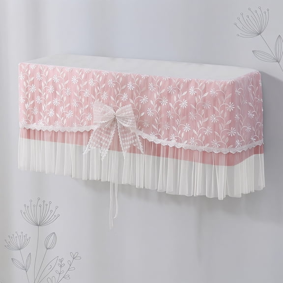 Purple Pink Nylon Wall Mounted Air Conditioner Cover with Bowknot Embellishment, Breathable Top Mesh Design Allows AC Running On, Elastic Wrap Washable Protective Sleeve for Home Decoration