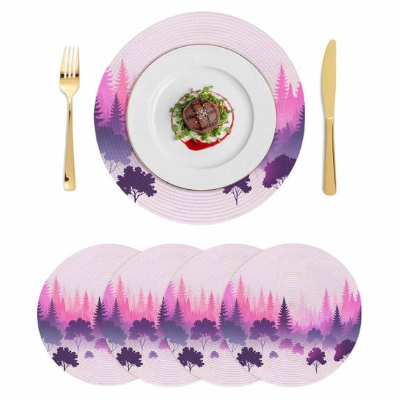 Purple Pink Ombre Forest Round 13 Inch Placemats Set of 4, Tree Modern Abstract Art HeatResistant Non Slip Place Mats for Dining Table, Wipeable Braided Kitchen Table Mats for Housewarming
