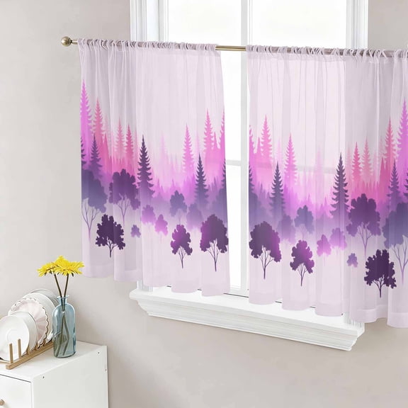 Purple Pink Ombre Forest Sheer Curtains 45 Inch Length 2 Panels Set, Tree Modern Abstract Art Voile Window Treatment Rod Pocket Small Kitchen Curtains Drapes for Bedroom 52"x45"x2