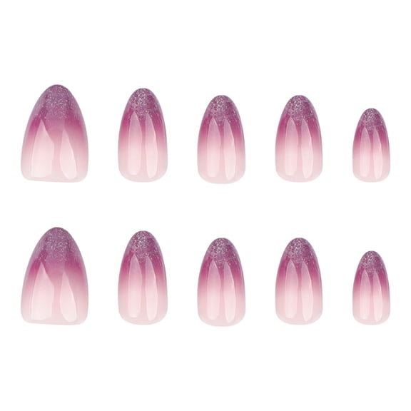 Purple Pink Ombre Glitter Gradient Press on Nails, Short Almond Glossy Fake Nails, 24 Count