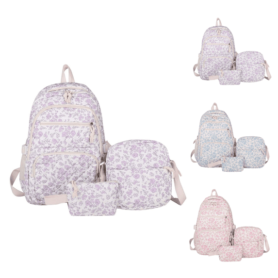 Purple Pink Quilted Ditsy Floral Backpack Set 3 Piece Back to School Laptop Daypack for Women, Multi Pocket Casual College Backpack with Matching Crossbody Bag & Cosmetic Storage Pouch