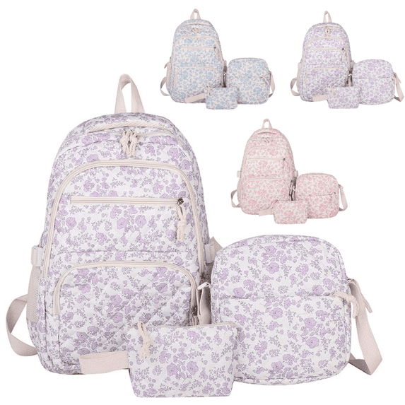 Purple Pink Quilted Floral Backpack Set Backpack, School Backpack for hers, Cute Floral Bookbag for Women for Elementary Middle High School Student