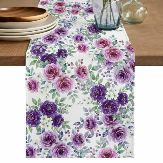Purple Pink Roses Cotton Linen Table Runner for Dining Kitchen, Spring Floral Elegant Pastoral Botanical Wedding Outdoor Party Tablerunners, Dresser Scarf Coffee Tablecloth Runners 13x70 Inches